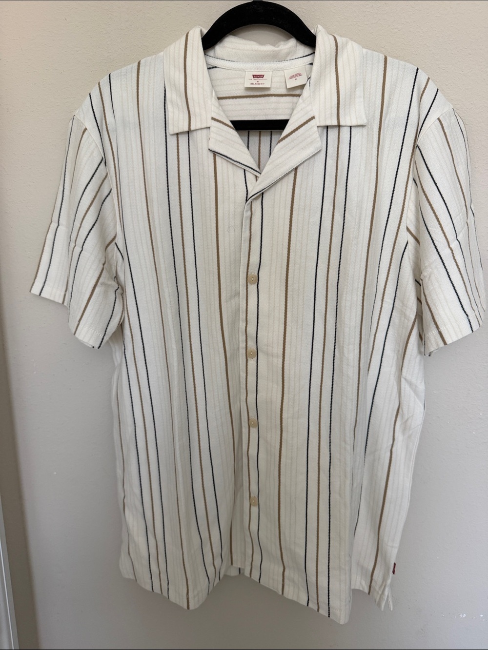 Levi's Cream Short-Sleeve Button-Down Shirt with Tan & Black Stripes